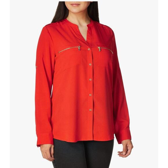 Calvin Klein Womens S Red Long Sleeve Modern Essential Button Front Blouse NWT - Picture 1 of 7